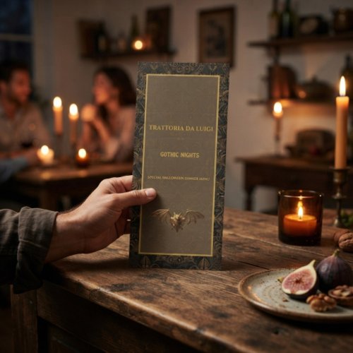 Halloween Menu Card Gothic Gold Black Bat