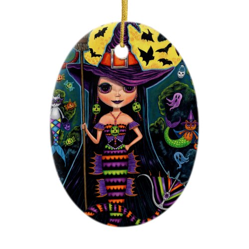 Halloween Mermaid Witch Mercats Ghosts Pumpkins Ceramic Ornament