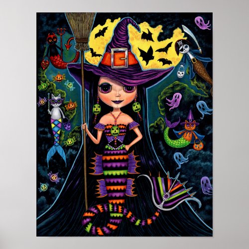 Halloween Mermaid Witch Mercats Ghosts Pumpkins Poster