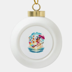 Halloween Mermaid Witch on Broom Ceramic Ball Christmas Ornament