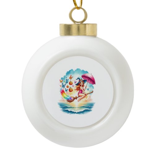 Halloween Mermaid Witch on Broom Ceramic Ball Christmas Ornament