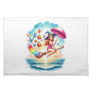 Halloween Mermaid Witch on Broom Cloth Placemat