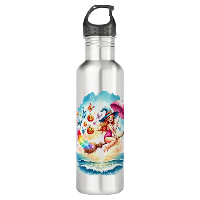 Halloween Mermaid Witch on Broom Stainless Steel Water Bottle (Front)