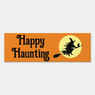Halloween Message with Witch on Broom with Moon Sign
