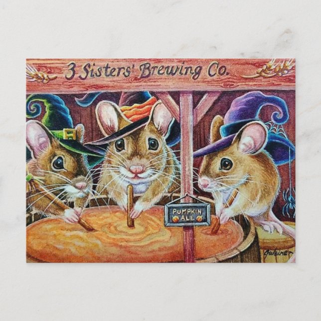 Halloween Mice Brewing Pumpkin Ale Watercolor Art Postcard (Front)