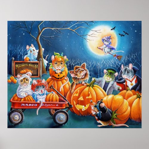 Halloween Mice in Pumpkin Patch Watercolor 16x20 Poster