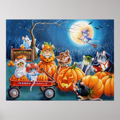 Halloween Mice in Pumpkin Patch Watercolor 18x24 Poster