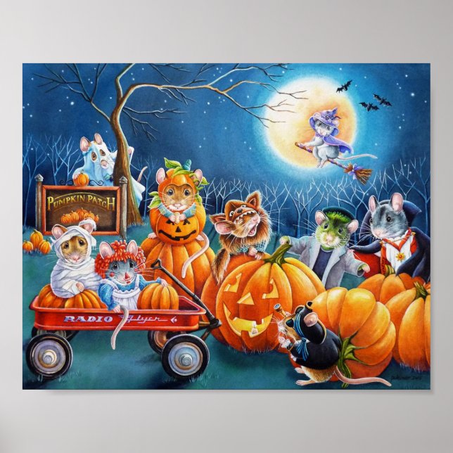 Halloween Mice in Pumpkin Patch Watercolor 8x10 Poster (Front)