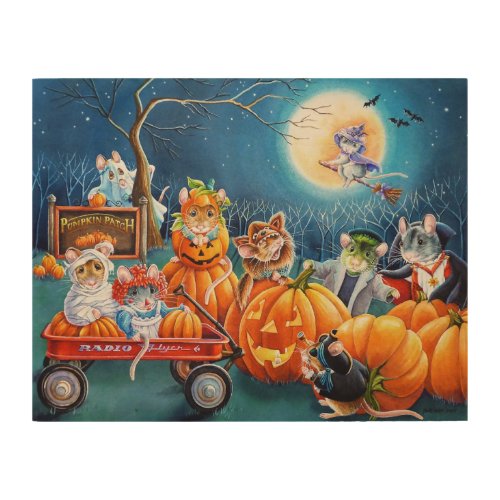 Halloween Mice in Pumpkin Patch Watercolor Art