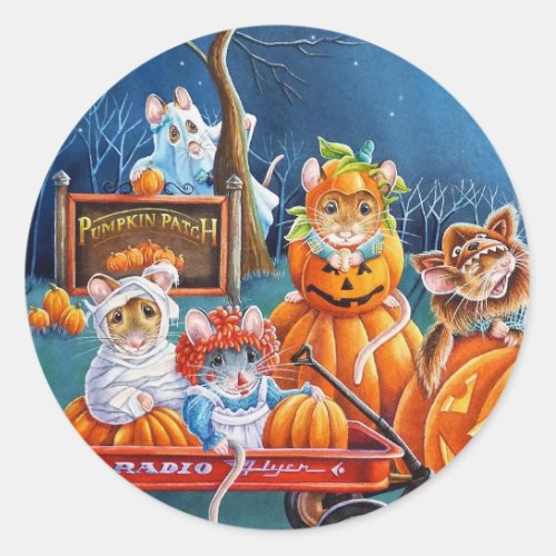 Halloween Mice in Pumpkin Patch Watercolor Art Classic Round Sticker