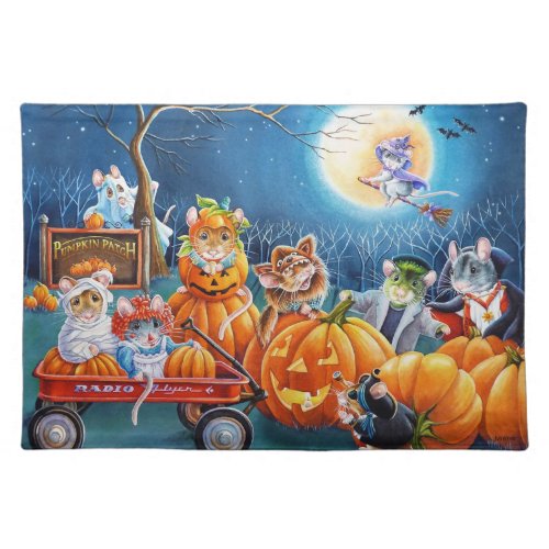 Halloween Mice in Pumpkin Patch Watercolor Art Cloth Placemat
