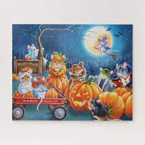 Halloween Mice in Pumpkin Patch Watercolor Art Jigsaw Puzzle