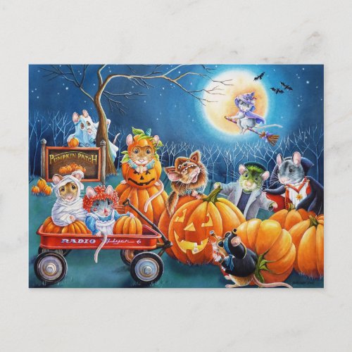 Halloween Mice in Pumpkin Patch Watercolor Art Postcard