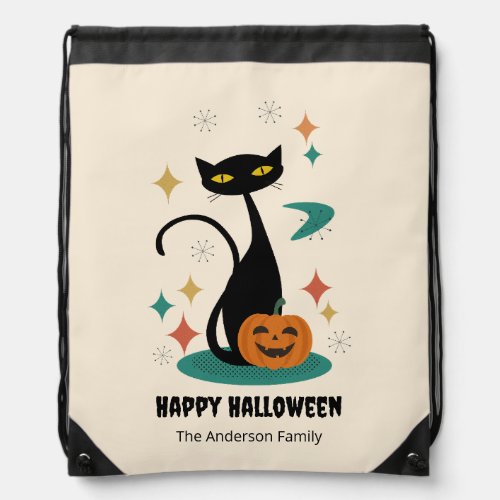 Halloween Mid Century Black Cat Drawstring Bag