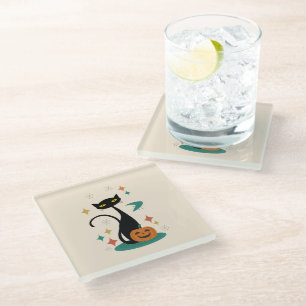 Halloween Mid Century Black Cat Glass Coaster