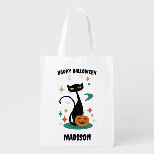 Halloween Mid Century Black Cat Grocery Bag