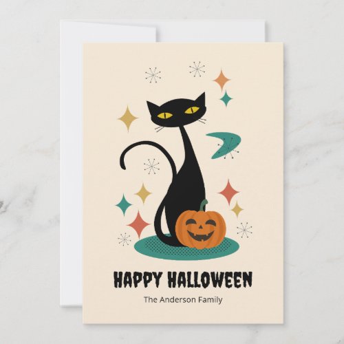 Halloween Mid Century Black Cat Holiday Card