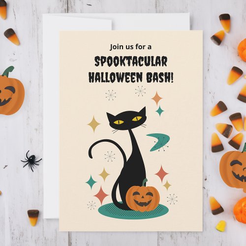 Halloween Mid Century Black Cat Invitation