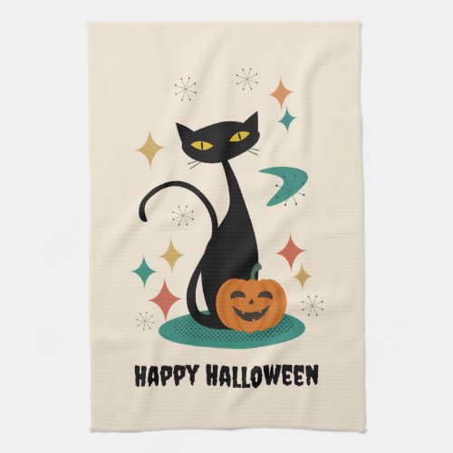 Halloween Mid Century Black Cat Kitchen Towel