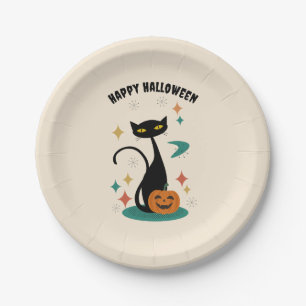 Halloween Mid Century Black Cat Paper Plates