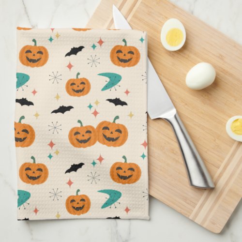 Halloween Mid Century Pumpkins Pattern Kitchen Towel