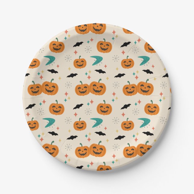 Halloween Mid Century Pumpkins Pattern Paper Plates (Front)