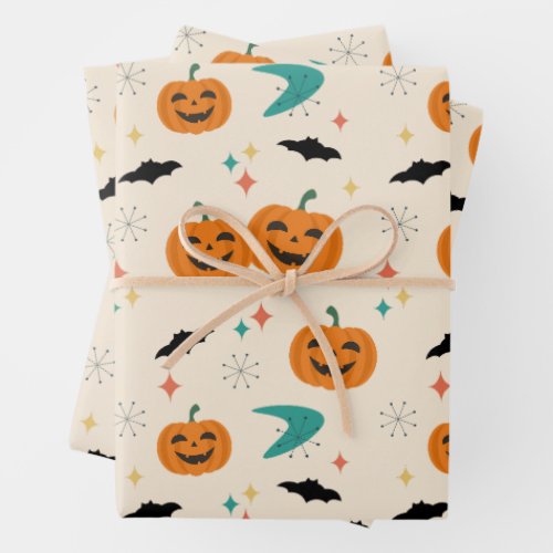 Halloween Mid Century Pumpkins Pattern Wrapping Paper Sheets