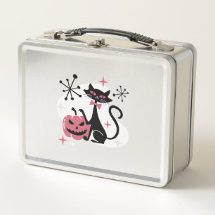 Halloween Mid Century Retro Black Cat Metal Lunch Box