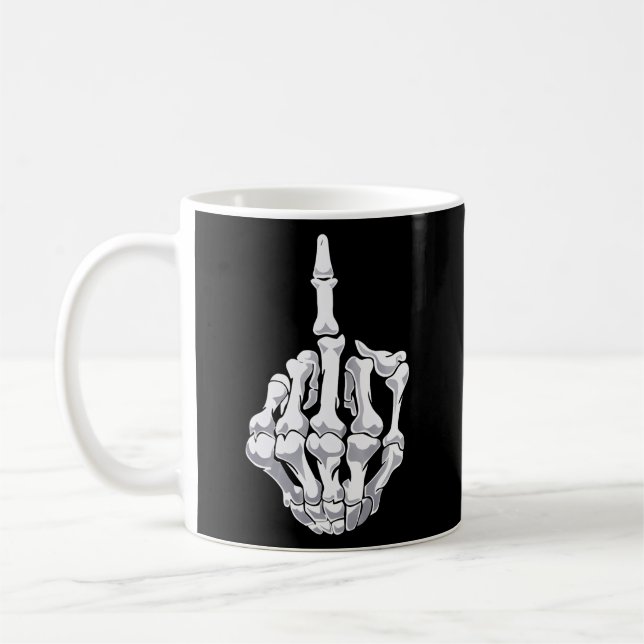 Halloween Middle Finger Skeleton Hand Skull Coffee Mug (Left)