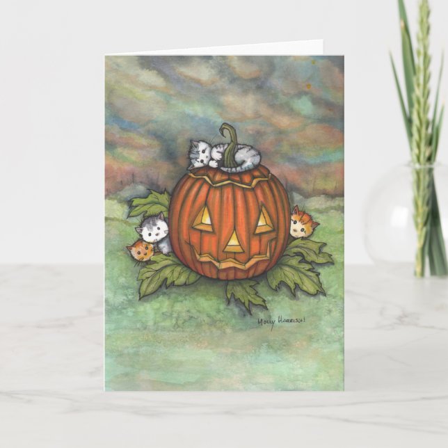 Halloween Mischief Kittens and Jack-o-Lantern Card (Front)