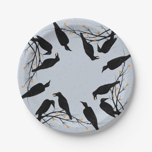 Halloween Modern Black Ravens Minimalist Pattern Paper Plates