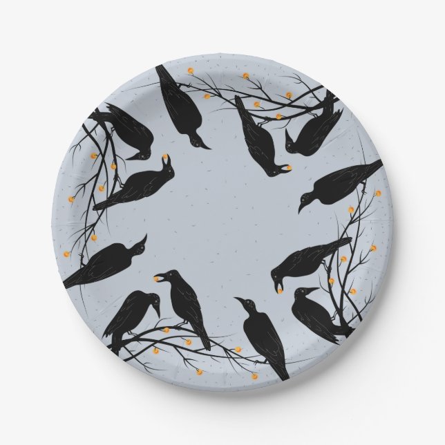 Halloween Modern Black Ravens Minimalist Pattern Paper Plates (Front)