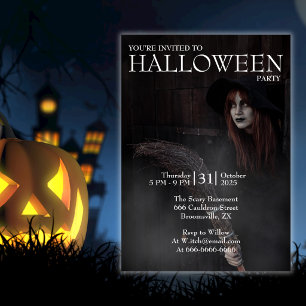 Halloween Modern Gothic Witch Broom Dark Barn Invitation