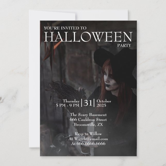 Halloween Modern Gothic Witch Broom Dark Photo Invitation (Front)