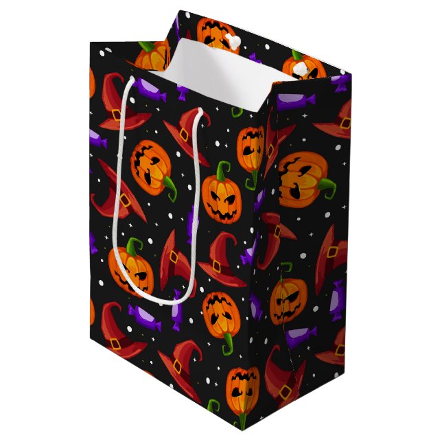 Halloween Modern Pumpkin Witch Hat Candy Pattern Medium Gift Bag (Front Angled)