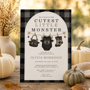 Halloween Monster Clothesline Gingham Baby Shower Invitation