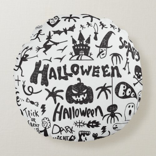 Halloween Monster Doodles Fun Round Pillow
