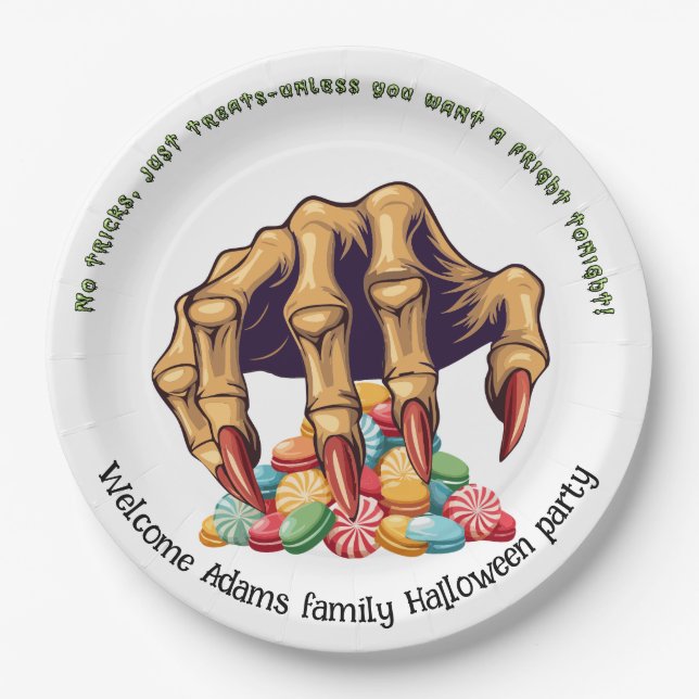 Halloween Monster Hand Candy Protector Paper Plates (Front)