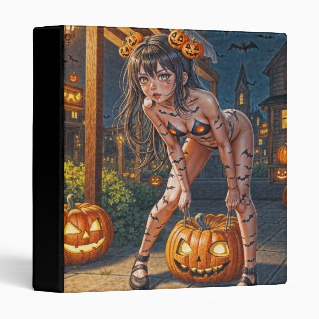 Halloween Monster Jack-o-Lantern & Bat Vixen Girl 3 Ring Binder (Front/Spine)