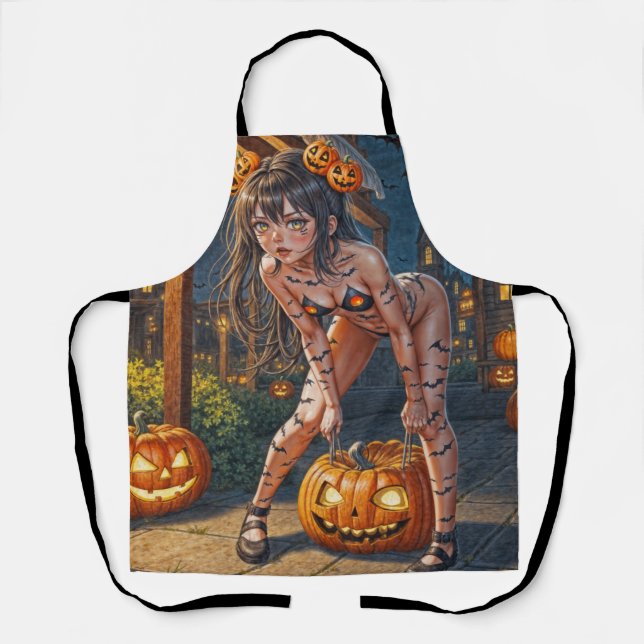 Halloween Monster Jack-o-Lantern & Bat Vixen Girl Apron (Front)