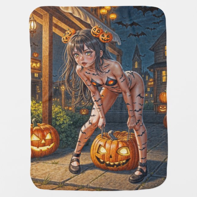 Halloween Monster Jack-o-Lantern & Bat Vixen Girl Baby Blanket (Front)