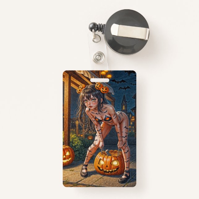 Halloween Monster Jack-o-Lantern & Bat Vixen Girl Badge (Back with Retractable)