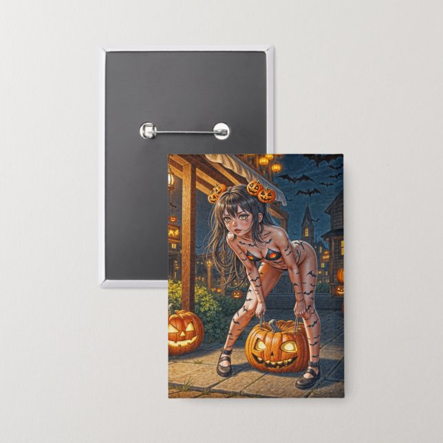 Halloween Monster Jack-o-Lantern & Bat Vixen Girl Button (Front/Back)