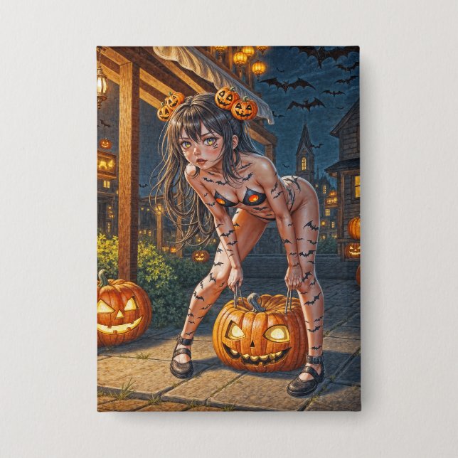 Halloween Monster Jack-o-Lantern & Bat Vixen Girl Button (Front)