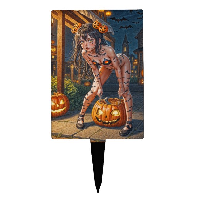 Halloween Monster Jack-o-Lantern & Bat Vixen Girl Cake Topper (Front)