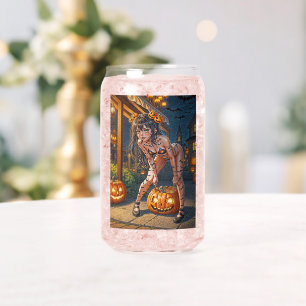 Halloween Monster Jack-o-Lantern & Bat Vixen Girl Can Glass