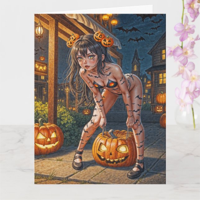 Halloween Monster Jack-o-Lantern & Bat Vixen Girl Card (Orchid)