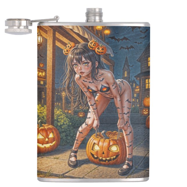 Halloween Monster Jack-o-Lantern & Bat Vixen Girl Flask (Opened)