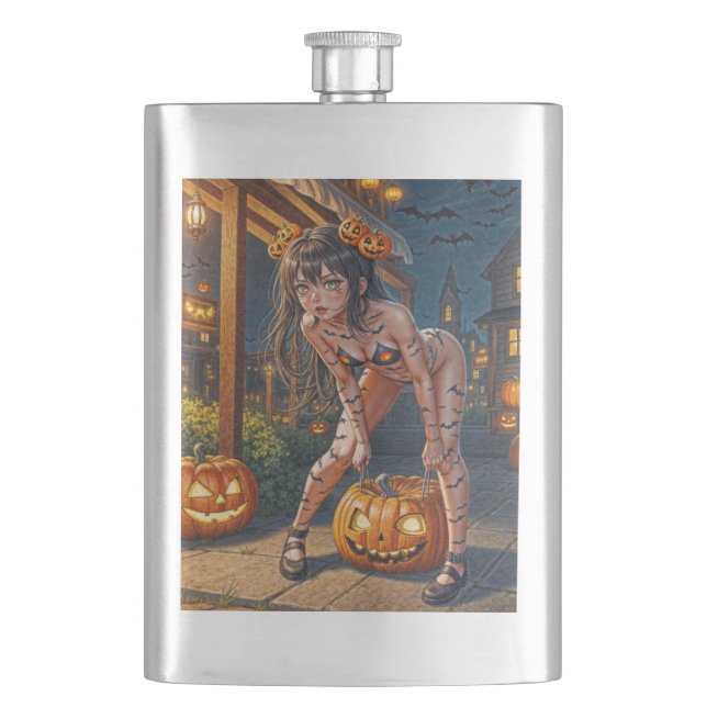 Halloween Monster Jack-o-Lantern & Bat Vixen Girl Flask (Front)