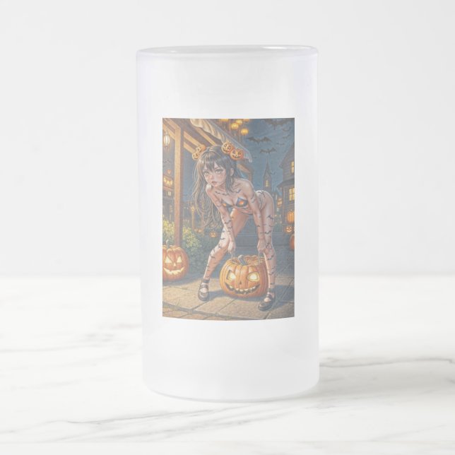 Halloween Monster Jack-o-Lantern & Bat Vixen Girl Frosted Glass Beer Mug (Center)